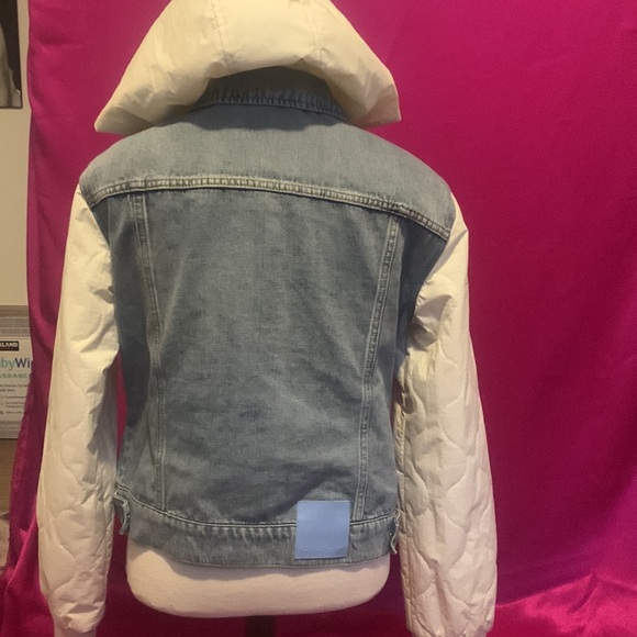 Desigual Jackets & Blazers - Designer Desiguol jean jacket with white fabric hood and sleeve. Size L.…